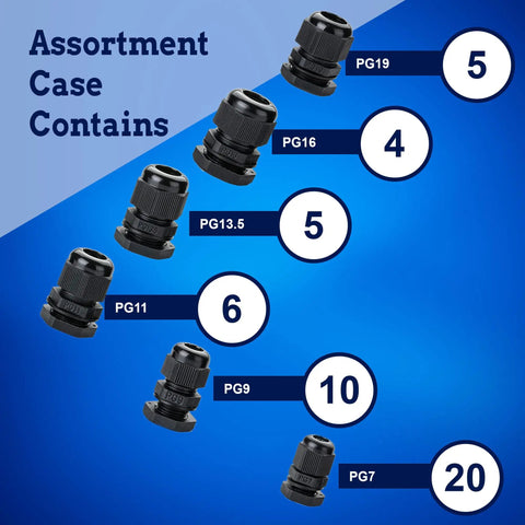 Assortment of PG7 to PG19 cable glands from Tough as Nails PG Cable Glands Kit With KableLock Tech, showing black nylon connectors.