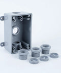 Weatherproof Electrical Junction Box With Adapters DIY Friendly Half Inch Or Three Quarter Inch Gray Indoor Outdoor Single Gang Two Pack Durable Outdoor Wiring Enclosure With Pre Drilled Mounting Holes showing box and threaded adapters