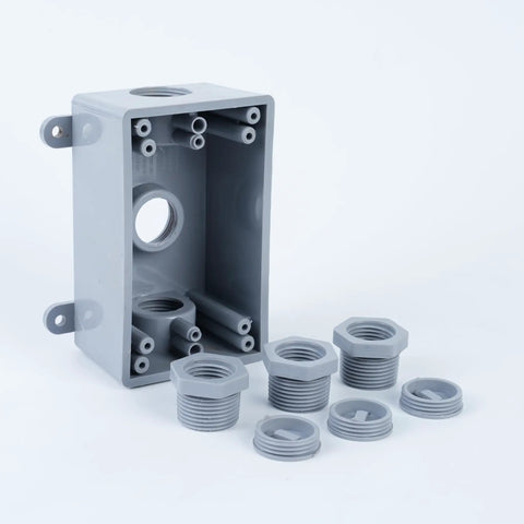 Weatherproof Electrical Junction Box With Adapters DIY Friendly Half Inch Or Three Quarter Inch Gray Indoor Outdoor Single Gang Two Pack Durable Outdoor Wiring Enclosure With Pre Drilled Mounting Holes showing box and threaded adapters