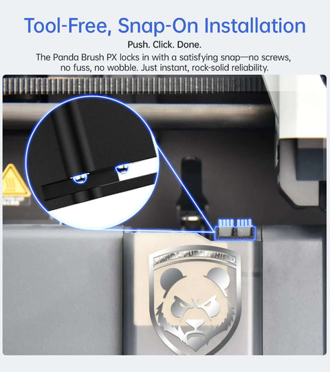 Panda Brush PX Nozzle Cleaning Kit installation in Bambu-Lab P1P 3D printer, showing snap-on feature with close-up detail.