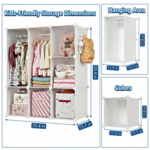 Portable Baby Wardrobe Closet For Kiddo Storage Organizer With Side Hooks DIY Modular Toy And Clothing Organizer Lightweight And Easy To Tidy Tiny Gear White shown with dimensions and compartments.