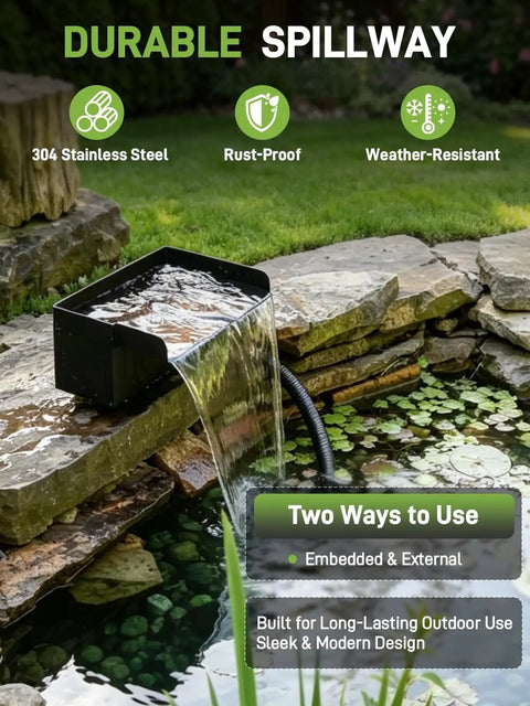 Outdoor Waterfall Kit With LED Lights And 880 GPH Pump 12 Inch 304 Stainless Spillway in garden pond setting