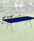 8 Foot Navy Blue Elastic Fitted Plastic Table Covers 5 Pack For Banquet Tables 30 By 96 Inches Edge To Edge Coverage With Elastic Corners And Adhesive Backing 3 Mil Thick displayed on outdoor table