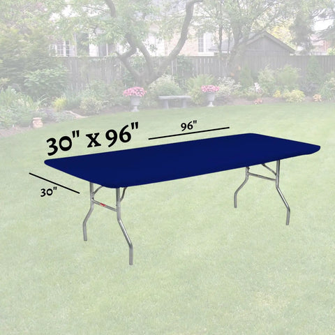 8 Foot Navy Blue Elastic Fitted Plastic Table Covers 5 Pack For Banquet Tables 30 By 96 Inches Edge To Edge Coverage With Elastic Corners And Adhesive Backing 3 Mil Thick displayed on outdoor table