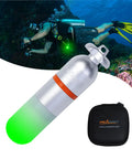SD01PRO Upgraded Bright Dive Signal Light Submersible Beacon Mini Tank Marker, green with pouch and scuba diver in background.