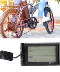 Man riding e-bike; waterproof 5 pin LCD display panel for e-bike and electric scooter replacement durable ABS control screen with high resolution readout weatherproof SW900 style meter for bicycles and scooters shown below