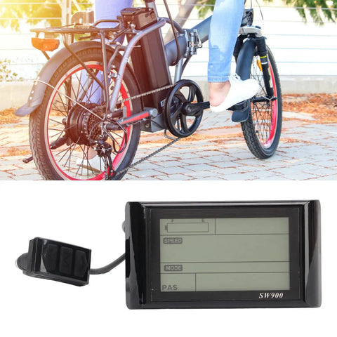 Man riding e-bike; waterproof 5 pin LCD display panel for e-bike and electric scooter replacement durable ABS control screen with high resolution readout weatherproof SW900 style meter for bicycles and scooters shown below