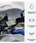 XT3 6 Inch Rugged Motorcycle GPS With Lean Angles mounted on bike handlebars, showing map interface, weatherproof design
