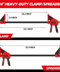 24 Inch Heavy Duty Twenty Four Inch Bar Clamps Set With Five Hundred Fifty Pound Rock Solid Grip For Woodworking And Carpentry, showing clamp and spreader dimensions.