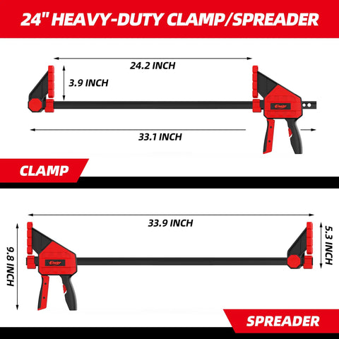 24 Inch Heavy Duty Twenty Four Inch Bar Clamps Set With Five Hundred Fifty Pound Rock Solid Grip For Woodworking And Carpentry, showing clamp and spreader dimensions.