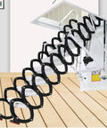 Heavy Duty Electric Attic Ladder With Built Tough Carbon Steel Construction And Remote Control For No Sweat Pulldown Loft Access And Smooth Retractable Ceiling Staircase, black folding design visible.