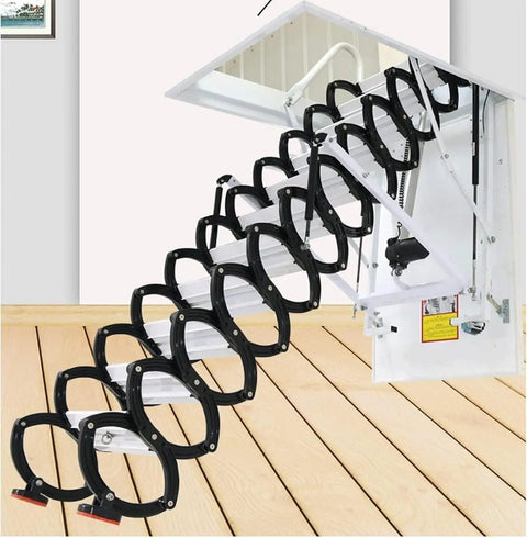 Heavy Duty Electric Attic Ladder With Built Tough Carbon Steel Construction And Remote Control For No Sweat Pulldown Loft Access And Smooth Retractable Ceiling Staircase, black folding design visible.