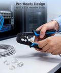 RJ45 Crimp Tool With Built In Wire Cutter And Stripper Pro Grade Ethernet Crimper for Custom Patch Cables in use by IT professional
