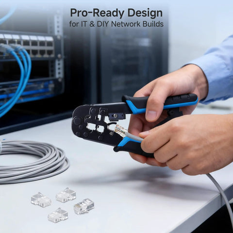 RJ45 Crimp Tool With Built In Wire Cutter And Stripper Pro Grade Ethernet Crimper for Custom Patch Cables in use by IT professional