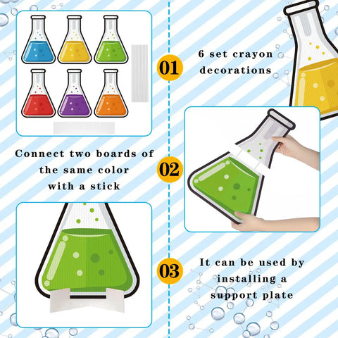 178 Piece Science Party Decorations Kit With Erlenmeyer Flask Cardboard Props shown in colorful assembly steps.