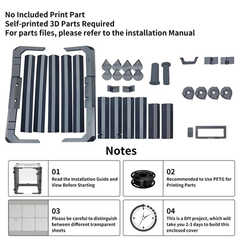 DIY 3D Printer Enclosure Kit For A1 Unassembled Sealing Design Reduces Noise And Printing Interference Cover Box parts layout