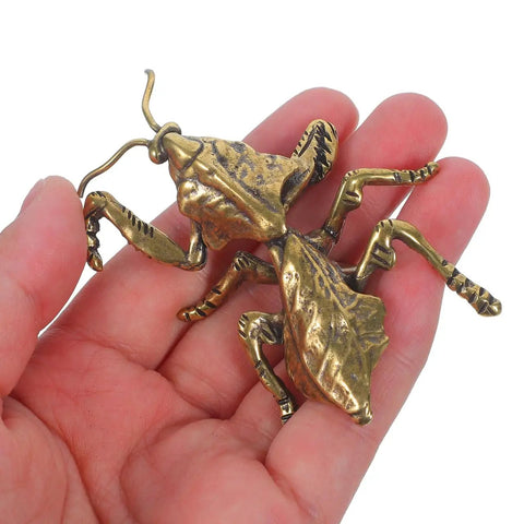 Brass Cabinet Knobs With Insect Motif Door Handles For Kitchen Cabinets shown in hand, mantis design detail