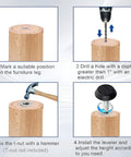"Installation steps for 24 Piece M8 Thread Adjustable Furniture Levelers Set For Heavy Duty Stabilization on wooden leg."