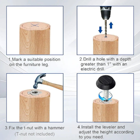 "Installation steps for 24 Piece M8 Thread Adjustable Furniture Levelers Set For Heavy Duty Stabilization on wooden leg."