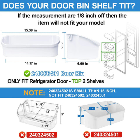 2 Pack Upgraded 240356401 Refrigerator Door Bin For Fridge Door Shelf Replacement Fits FFHS2611PFEA FFSS2614QE6A FFHS2611LBPA FFSS2614QS4A AP2116036 PS430121 Durable Plastic Bin With Easy Snap In Install No Tools Needed with dimensions and compatibility guide.