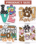 4 Pack Dog Mom Iron On Transfer Patches Set For DIY Tees Hoodies Bags Jackets showing designs with paw prints and colorful patterns.