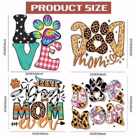 4 Pack Dog Mom Iron On Transfer Patches Set For DIY Tees Hoodies Bags Jackets showing designs with paw prints and colorful patterns.