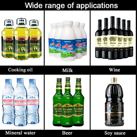 Wide range of applications for Heavy Duty Automatic Liquid Filling Machine, including cooking oil, milk, wine, and more.