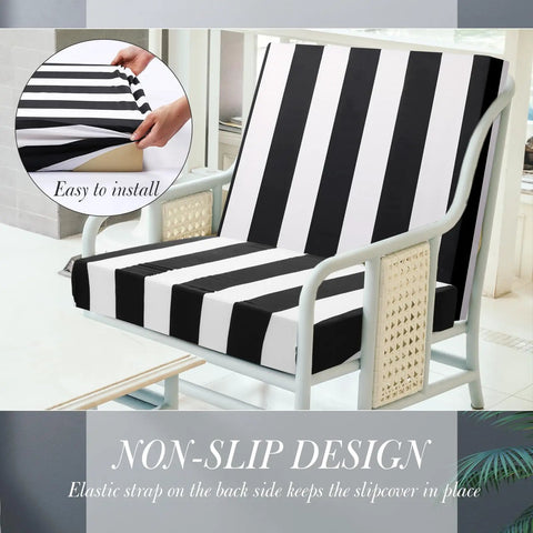 Eight Pack Striped Patio Cushion Covers for Outdoor Furniture Elastic Slipcovers fit most cushions with non-slip design.