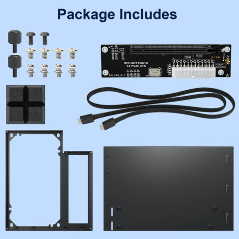 Package includes components for OCuLink eGPU dock setup, including a 39-inch cable, black chassis, and mounting screws.