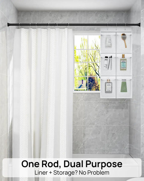 Heavy Duty Tension Shower Rod 42 To 83 Inches No Drill No Slip Adjustable With Strong Spring Pole Rust Resistant Black Curtain Rod in bathroom