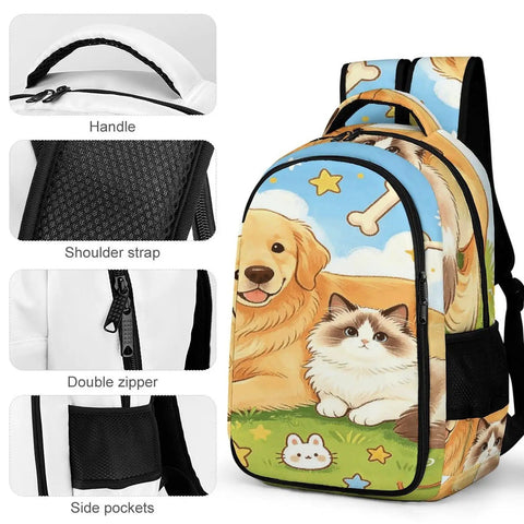 Sunny Grass Pet Duo Printed Unisex Backpack with pet designs, 12.6 x 7.3 x 16.5 in, features handle, straps, zipper, pockets