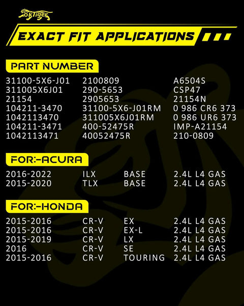 Compatibility chart for Beefed-Up 135A Alternator For Honda CR-V Ex LX Ex-L Touring 2015-2019 and Acura ILX TLX 2015-2022