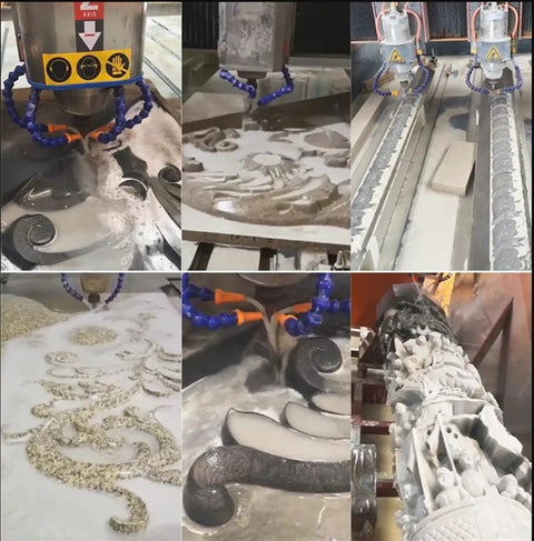 Top Shelf 5.5KW Water Cooled Cnc Spindle Motor 380V 24000Rpm Er25 Chuck shaping intricate stone designs on CNC router.