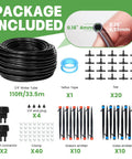 Package contents of 110 Foot Drip Irrigation Kit For Gardens And Lawns DIY Watering System With One Quarter Inch Tubing