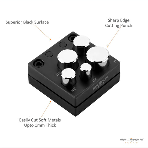 Round Disc Cutter Kit for Jewelry Making, heavy-duty steel, five die sizes visible, 12.7mm to 25.4mm, for soft nonferrous metals, black surface.