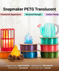 Top Shelf PETG Translucent Filament For 3D Printers 1.75 Mm Diameter 1Kg Spool displayed with colorful prints, showcasing clear dimensions and vibrant colors.
