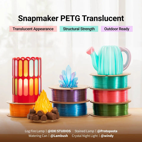 Top Shelf PETG Translucent Filament For 3D Printers 1.75 Mm Diameter 1Kg Spool displayed with colorful prints, showcasing clear dimensions and vibrant colors.