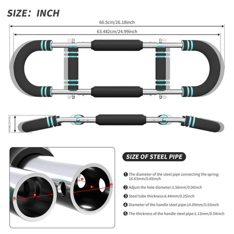 Twister Arm Trainer Pro For Men dimensions and steel pipe size details, showing adjustable exerciser design