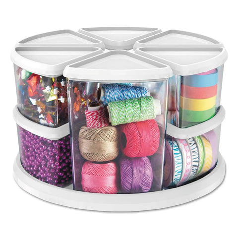 Rotating Craft Organizer Carousel With Nine Removable Canisters And Clear Lids filled with colorful craft supplies