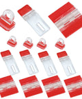 No Sweat Setup Clear Acrylic Hinges With Self Adhesive Latch Buckles featuring red and clear components for craft storage solutions.