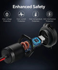 Close-up of Heavy Duty Dual Port 12V Car Charger With Rugged Aluminum Housing showcasing internal safety features.