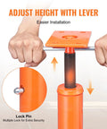 Floor jack in orange with threaded lifting post and top plate; height-adjust lever and lock pin