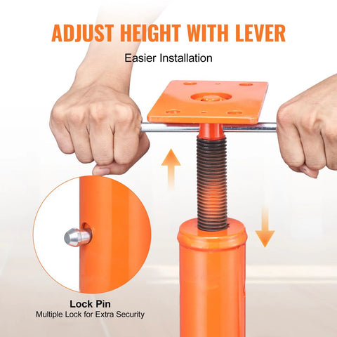 Floor jack in orange with threaded lifting post and top plate; height-adjust lever and lock pin