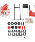 Disassembled parts of Garden Seeder Hand Push Row Crop Planter Walk Behind Manual Seeder Machine, iron and plastic components.