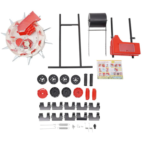 Disassembled Garden Push Seeder With 10 Nozzles, Metal Precision Hand Push Seeder parts and clear seed storage box for easy sowing.