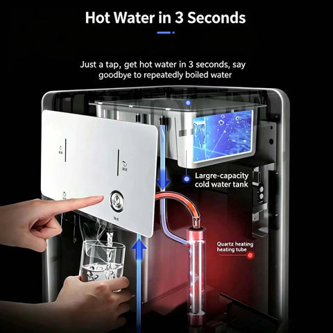 Slick Bottleless Water Dispenser Featuring Straight Up Four Stage Filtration And Game Changing Tankless Direct Connect Design For Crisp Instant Hot Cold Or Warm Water Daily At Home Or Office, showing hot water feature.