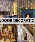 Indoor spaces decorated with Outdoor LED Curtain Lights 30 Ft by 10 Ft With 720 LEDs, showing warm white glow for ambiance.