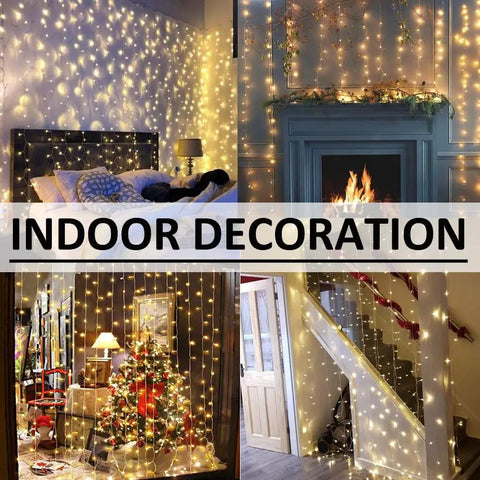 Indoor spaces decorated with Outdoor LED Curtain Lights 30 Ft by 10 Ft With 720 LEDs, showing warm white glow for ambiance.