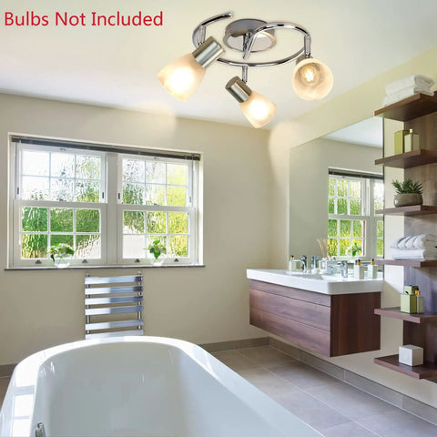 Dope Three Light Round Ceiling Track Lighting Fixture With Adjustable Heads For Kitchen Office Bedroom Hallway And Picture Wall 330 Degree Horizontal And 90 Degree Vertical Rotation E12 Base Milk Glass Shade installed in modern bathroom