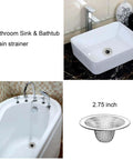 Super Sturdy 10 Pack Stainless Steel Drain Strainers For Sink And Tub Rust Proof Mesh Hair Catchers shown in a bathroom sink.